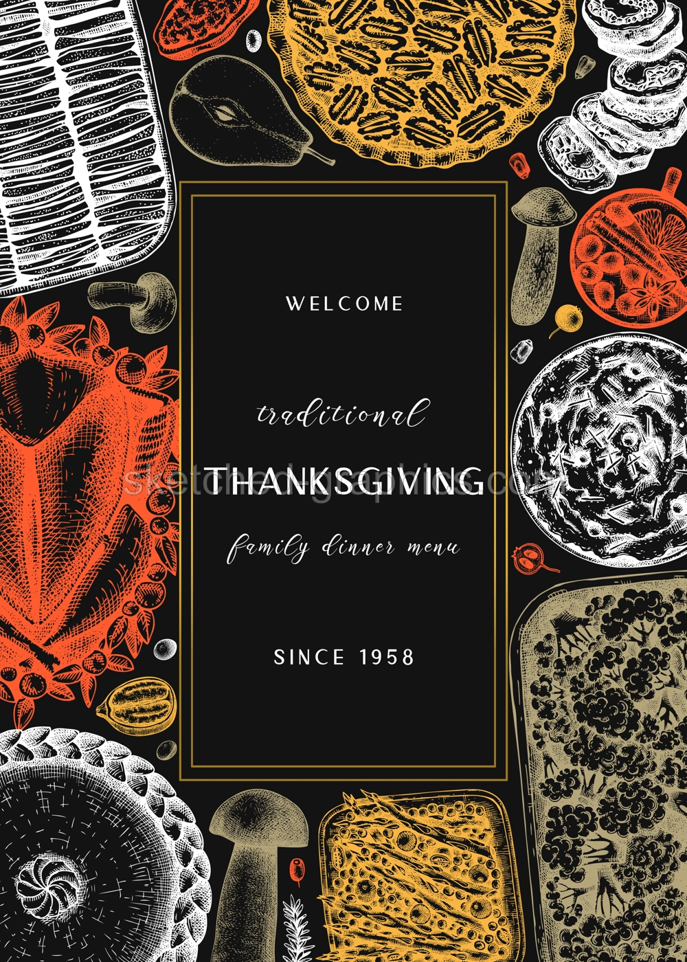 Thanksgiving day dinner menu design on chalkboard. With roasted turkey, cooked vegetables, rolled meat, baking cakes and pies sketches. Vintage autumn food frame. Vector Thanksgiving day background. Illustration